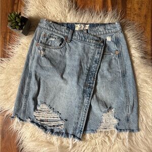 Free People Distressed Asymmetrical Hem Denim Mini Skirt
